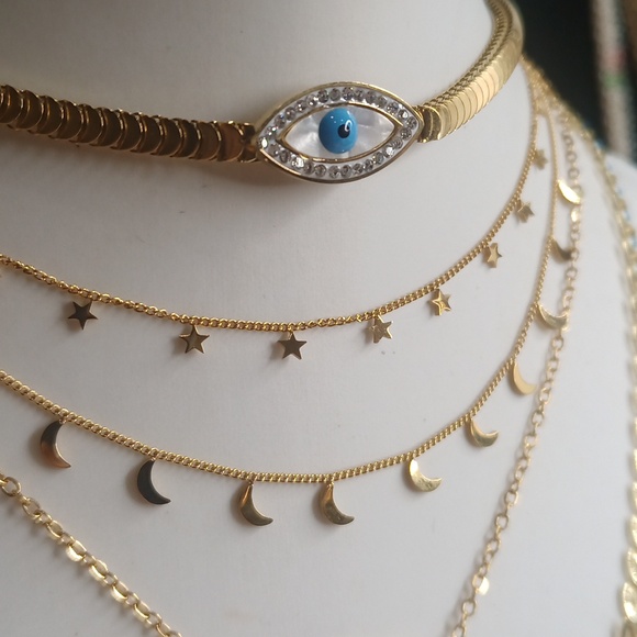 Dainty Choker Necklace Evil Eye Moon Star Leaf - Picture 4 of 6